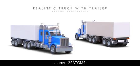 3D truck with trailer. Isolated vector object, view from different sides. Unmarked body. Illustration for advertising freight transport. Color web design. 3D truck with trailer. Isolated vector object, view from different sides Stock Vector