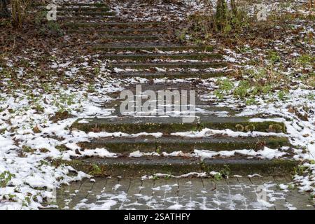 Weathered concrete steps covered by first snow and dry leaves in a park during winter season Stock Photo