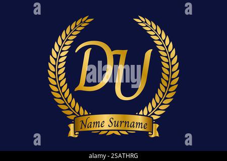 Initial letter D and U, DU monogram logo design with laurel wreath. Luxury golden emblem with calligraphy font. Stock Vector