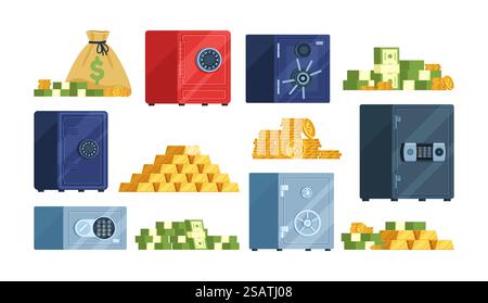 Safe boxes and money. Cartoon bank vault with banknotes, coins and gold bars, closed metal lockers with different types locks, deposit storage, various colors iron strongbox vector isolated set. Safe boxes and money. Cartoon bank vault with banknotes, coins and gold bars, closed metal lockers with different types locks, deposit storage, various colors iron strongbox vector set Stock Vector