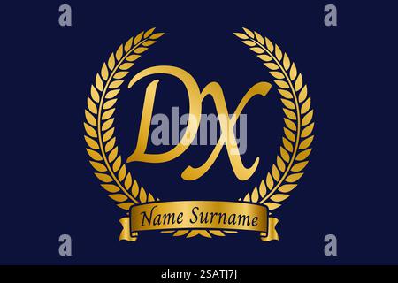 Initial letter D and X, DX monogram logo design with laurel wreath. Luxury golden emblem with calligraphy font. Stock Vector