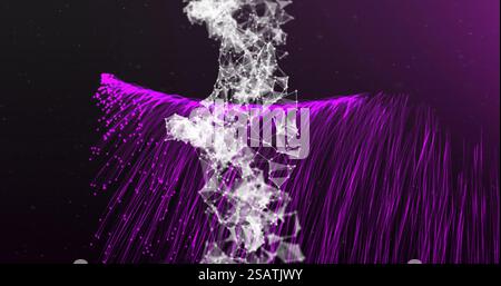 Image of dna strand spinning over glowing purple light trails on black background Stock Photo