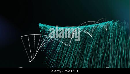 Image of dna strand spinning over glowing green light trails on black background Stock Photo