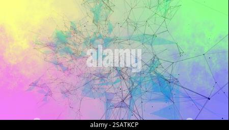 Image of network of connections over colourful shapes moving Stock Photo