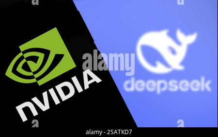 Nvidia logo is displayed on iPad and deepseek AI logo in the background Stock Photo