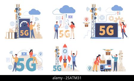 People using 5g. Users of network options, urban wireless technologies, high speed environment, transmitter towers, smart city, men and women with digital gadgets and devices vector cartoon flat set. People using 5g. Users of network options, urban wireless technologies, high speed environment, transmitter towers, smart city, men and women with digital gadgets and devices vector set Stock Vector