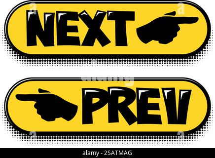 Next and Previous button icons. Web push buttons prev and next with index finger in comic style. Vector cartoon illustration on transparent background Stock Vector