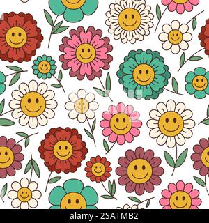 Daisy flower seamless pattern. Retro positive smiling faces, hippie print with chamomile characters, cartoon groovy plants. Decor textile, wrapping paper, wallpaper design. Tidy vector background. Daisy flower seamless pattern. Retro positive smiling faces, hippie chamomile characters, cartoon groovy plants. Decor textile, wrapping paper, wallpaper design. Tidy vector background Stock Vector