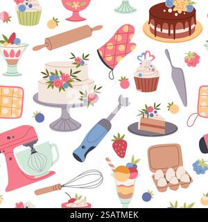 Confectionery seamless pattern. Cartoon desserts and sweet products, kitchen tools, creamy muffins, tasty cakes and pastries. Decor kitchen textile, wrapping paper, wallpaper. Tidy vector background. Confectionery seamless pattern. Cartoon desserts and sweet products, kitchen tools, creamy muffins, tasty cakes and pastries. Decor kitchen textile, wrapping paper. Tidy vector background Stock Vector