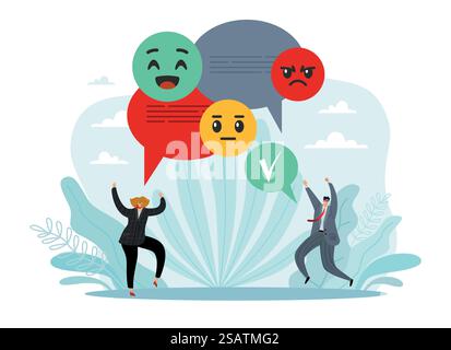 Sentiment analysis and written test, emotion recognition, automated artificial intelligence technologies. Happy man and woman with speech bubbles and emoji. Vector cartoon flat style isolated concept. Sentiment analysis and written test, emotion recognition, automated artificial intelligence technologies. Happy man and woman with speech bubbles and emoji. Vector cartoon flat concept Stock Vector
