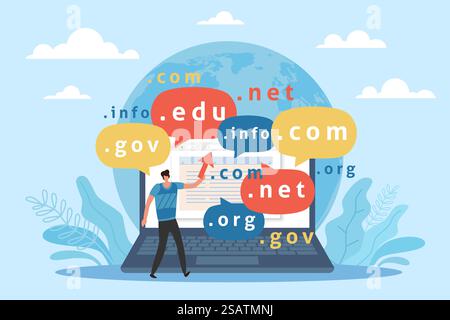 Domain name selection, web address registry. Huge laptop and tiny man. Server registration on hosting, internet site url page, cybersquatting internet. Vector cartoon flat style isolated concept. Domain name selection, web address registry. Huge laptop and tiny man. Server registration on hosting, internet site url page, cybersquatting internet. Vector cartoon flat concept Stock Vector