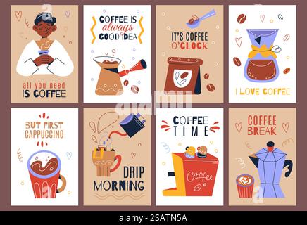 Coffee cards. Breakfast food and hot drinks elements, makers and grinders, morning beverages lover, brewing mugs and pots, hand drawn posters with text, swanky vector cartoon flat style isolated set. Coffee cards. Breakfast food and hot drinks elements, makers and grinders, morning beverages lover, brewing mugs and pots, hand drawn posters with text, swanky vector cartoon flat set Stock Vector