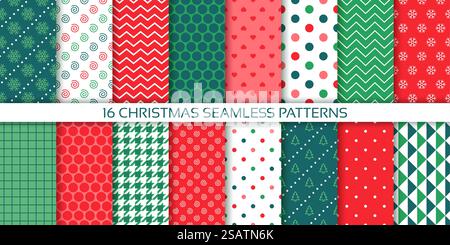 Christmas pattern. Seamless background. Set red green textures. Festive wrapping papers. New year print. Christmas seamless background. Collection new year patterns. Vector illustration Stock Vector
