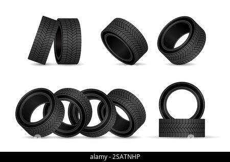 Realistic tire fitting vector design. Black rubber wheels tyres for car service station. Stock Vector