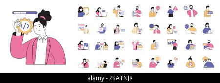 Programming concept with character situations mega set in flat web design. Bundle of scenes people coding and engineering programs, searching bugs, testing and make optimization. Vector illustrations. Stock Vector