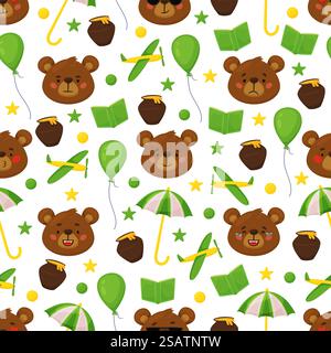 Cartoon bear seamless pattern. Funny animals heads, brown grizzly characters, forest mammals faces and objects, recent vector background. Decor childish textile, wrapping paper, wallpaper, kids print. Cartoon bear seamless pattern. Funny animals heads, brown grizzly characters, forest mammals faces and objects, recent vector background. Decor childish textile, wrapping paper, kids print Stock Vector