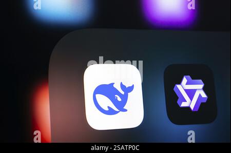 A close up of an iPhone screen displaying the Alibaba Qwen AI Stock Photo