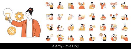 Business and finance concept with character situations mega set in flat web design. Bundle of scenes people creating project, planning tasks, making financial audit, marketing. Vector illustrations. Stock Vector