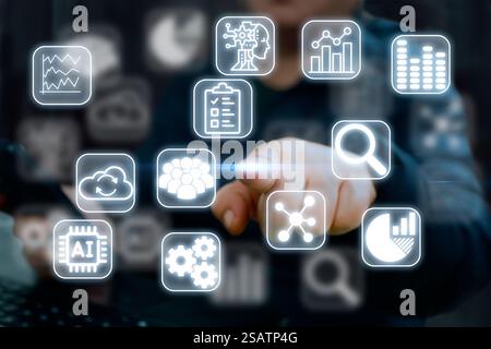 Business analytics (BA), business intelligence (BI). Data driven insights to make informed decisions. Using AI for the big data analytics. Utilizing d Stock Photo