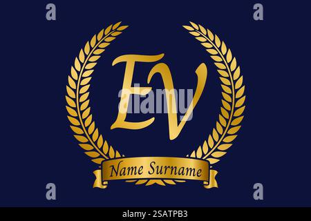 Initial letter E and V, EV monogram logo design with laurel wreath. Luxury golden emblem with calligraphy font. Stock Vector
