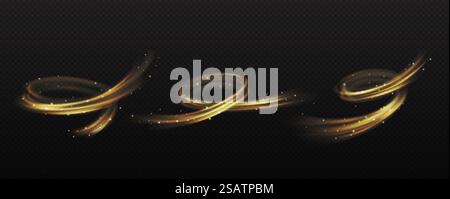 Magical swirls of golden powder and sparks realistic vector illustration set. Dreamlike whirls of glitter 3d elements on transparent background Stock Vector