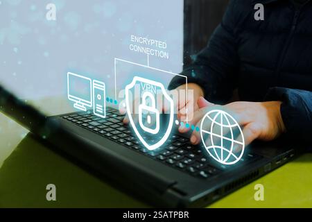 VPN Virtual Private network protocol concept, Woman hand typing on keyboard computer with vpn icon on VR screen. VPN concept. Stock Photo