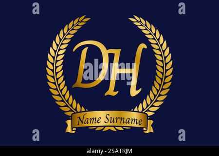 Initial letter D and H, DH monogram logo design with laurel wreath. Luxury golden emblem with calligraphy font. Stock Vector