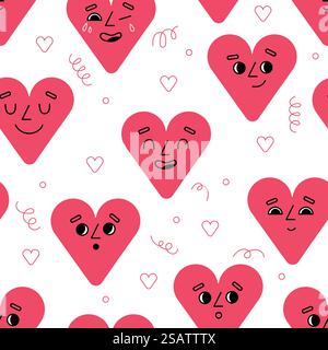 Cartoon hearts emoji seamless pattern. Happy valentines, comic characters wallpaper design, red love and romantic symbols isolated on white. Decor textile, wrapping paper, swanky vector background. Cartoon hearts emoji seamless pattern. Happy valentines, comic characters wallpaper design, red love and romantic isolated symbols. Decor textile, wrapping paper, swanky vector background Stock Vector