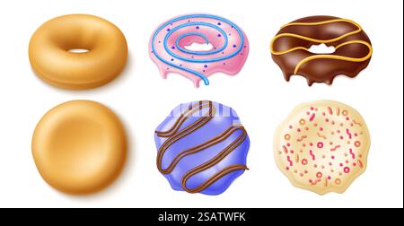 Donuts constructor. Realistic sweet buns and different glazes and toppings, top and side view, mixed flavors cakes kit, chocolate vanilla and lavender flavor, sweet desserts, utter vector 3d set. Donuts constructor. Realistic sweet buns and different glazes and toppings, top and side view, mixed flavors cakes kit, chocolate and vanilla lavender, sweet desserts, utter vector 3d set Stock Vector