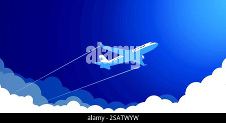 Air plane in the sky rises above the clouds towards the sun. Vector cartoon background Stock Vector