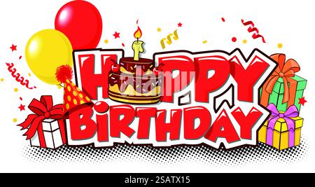 Happy birthday greeting text with cake, balloons, decor, tinsel, streamers, party popper, birthday cap for greeting card, invitation. Vector template Stock Vector