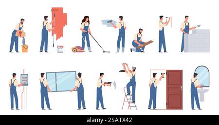 People making renovation. Workers in overalls, men and women carry out repair work, interior wall painting, installing doors and windows, electrical and plumbing replacement, vector flat isolated set. People making renovation. Workers in overalls, men and women carry out repair work, interior wall painting, installing doors and windows, electrical and plumbing replacement, vector set Stock Vector