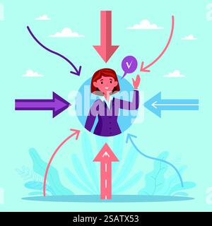Customer oriented approach to buyer. Woman portrait icon and arrows in target, focus on client, marketing strategy, satisfied buyer and good reviews as goal. Vector cartoon flat style isolated concept. Customer oriented approach to buyer. Woman portrait icon and arrows in target, focus on client, marketing strategy, satisfied buyer and good reviews as goal. Vector cartoon flat concept Stock Vector