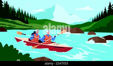 Extreme people. Rafting and kayaking sport, couple in boat, stormy river, adrenaline release, canoeing athletes, man and woman with oars, active leisure nowaday vector cartoon flat isolated concept. Extreme people. Rafting and kayaking sport, couple in boat, stormy river, adrenaline release, canoeing athletes, man and woman with oars, active leisure nowaday vector cartoon concept Stock Vector