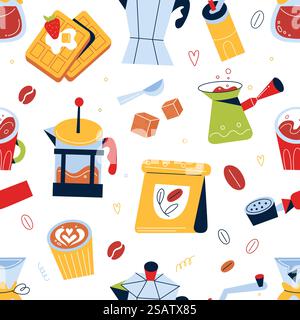 Cartoon coffee seamless pattern. Hot drinks elements, desserts and sweets, cups, mugs and pots, kitchen utensils. Hand drawn print. Decor textile, wrapping paper, wallpaper. Swanky vector background. Cartoon coffee seamless pattern. Hot drinks elements, desserts and sweets, cups, mugs and pots, kitchen utensils. Decor textile, wrapping paper, wallpaper. Swanky vector background Stock Vector
