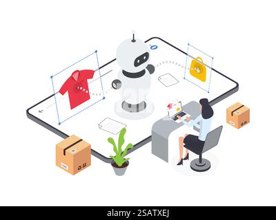Flat Isometric illustration of generate image and text for ecommerce platform. Artificial intelligence for ecommerce platform. Stock Vector