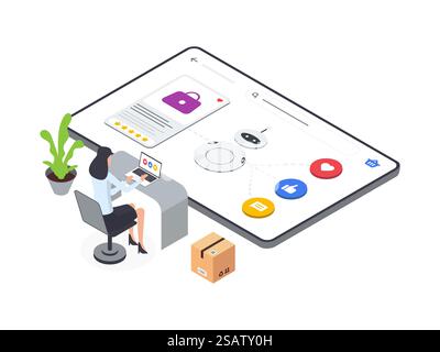 Flat Isometric illustration set of AI powered woman creating ads for an ecommerce platform. Empowering efficient and intelligent advertising in e commerce. Stock Vector