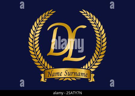 Initial letter D and L, DL monogram logo design with laurel wreath. Luxury golden emblem with calligraphy font. Stock Vector