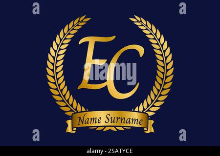 Initial letter E and C, EC monogram logo design with laurel wreath. Luxury golden emblem with calligraphy font. Stock Vector