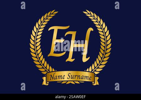 Initial letter E and H, EH monogram logo design with laurel wreath. Luxury golden emblem with calligraphy font. Stock Vector