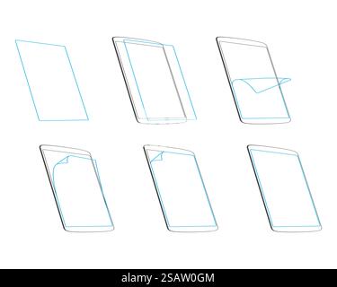 Set apply screen protector outline contour icons outline vector illustration EPS. Set apply screen protector outline contour icons Stock Vector