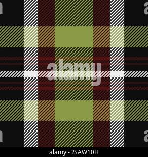 Textured vector textile fabric, linen tartan plaid seamless. Skirt pattern background check texture in black and lime colors. Stock Vector