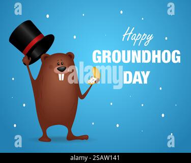 Happy Groundhog Day vector design for celebration on February 2. Template for greeting card or invitation. Funny cartoon illustration. Stock Vector
