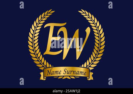 Initial letter E and W, EW monogram logo design with laurel wreath. Luxury golden emblem with calligraphy font. Stock Vector