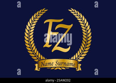 Initial letter F and Z, FZ monogram logo design with laurel wreath. Luxury golden emblem with calligraphy font. Stock Vector