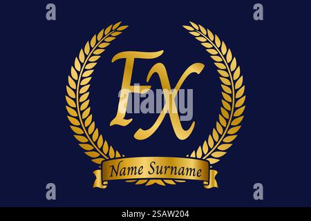 Initial letter F and X, FX monogram logo design with laurel wreath. Luxury golden emblem with calligraphy font. Stock Vector