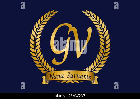 Initial letter G and V, GV monogram logo design with laurel wreath. Luxury golden emblem with calligraphy font. Stock Vector