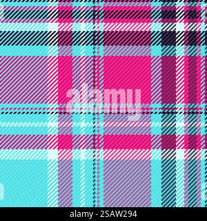 Textile fabric seamless of texture pattern background with a vector plaid tartan check in cyan and pink colors. Stock Vector