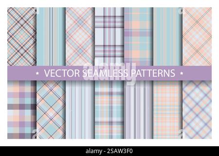 Set plaid pattern seamless. Tartan patterns fabric texture. Checkered geometric vector background. Scottish stripe blanket backdrop. Fashion cloth collection tile flat design textile.. Set plaid pattern seamless. Tartan patterns fabric texture. Checkered geometric vector background. Scottish stripe blanket backdrop. Stock Vector