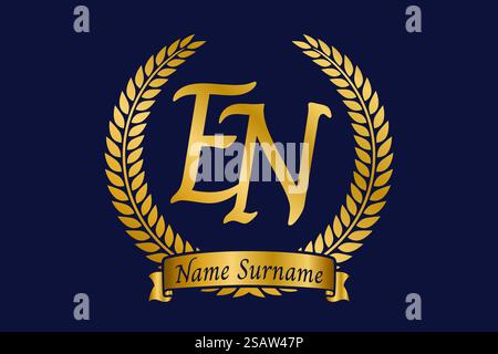 Initial letter E and N, EN monogram logo design with laurel wreath. Luxury golden emblem with calligraphy font. Stock Vector